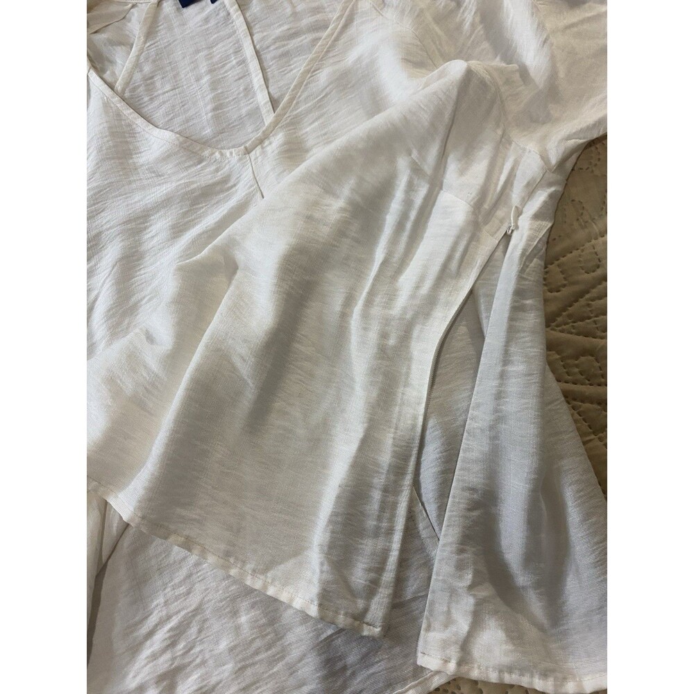 Rachel Roy White V-Neck Blouse L Puff Short Sleeve Slub Rayon Boho Minimalist - Picture 9 of 10